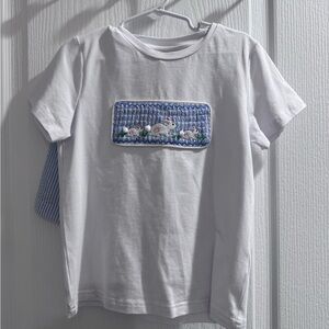 Cactus White Short-Sleeve Kids Tee with Blue Smocked bunny Panel